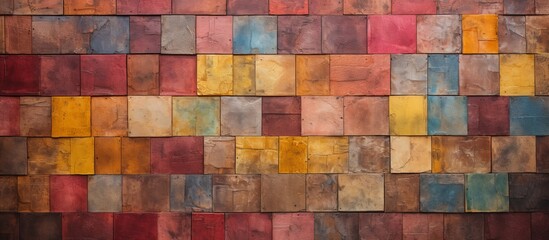 Poster - a closeup of a wall constructed with vibrant brown, purple, magenta, and violet rectangular tiles cr