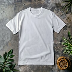 Wall Mural - A high-angle shot of the white T-shirt template laid out flat on a surface, with ample space around it for adding custom graphics or text. Generative AI