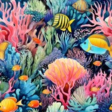 Fototapeta Do akwarium - Coral reef teeming with life, watercolor illustration seamless pattern