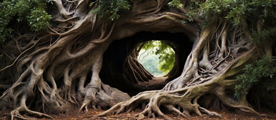 Wall Mural - A terrestrial plant, the tree stands tall in the forest with a hole in its trunk. The natural landscape features grass and twigs scattered around the event