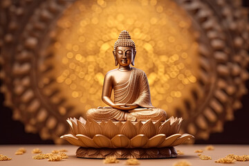 Wall Mural - A gold statue of a Buddha is sitting on a table.