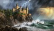 A majestic castle on a cliff overlooking a stormy sea, with waves crashing against the rock 