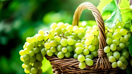 Wall Mural - Basket with a bunch of grapes in the sun