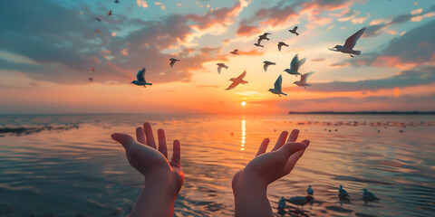 Sticker - Silhouette of human hands and flying seagulls on sunset background