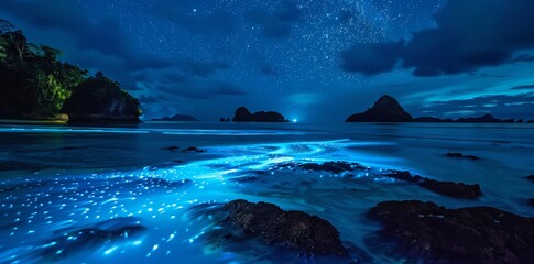 A bioluminescent sea, glowing with turquoise light under the night sky, creates an otherworldly scene on small tropical islands. The water sparkles like stars in the darkness of ocean and island. A su