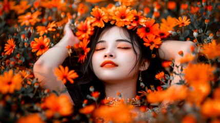 Wall Mural -  a woman laying in a field of flowers with her eyes closed and her head resting on her hands behind her head.