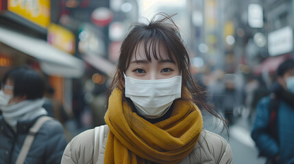 Sticker - Asian woman wearing face mask protect from Coronavirus (COVID-19) outbreak.