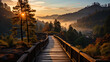 An elegant bridge that meets the dawn among the mountains, as if welcoming a new da