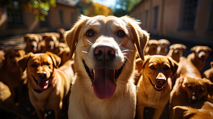 Canvas Print - A golden labrador who has fun with children in the courtyard of his house, like a best friend in