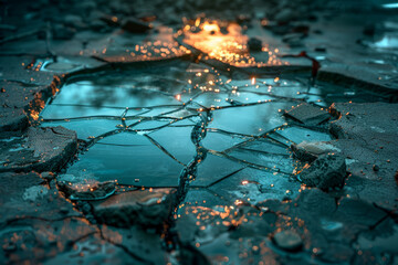 Wall Mural - a cracked mirror with shards scattered on the floor, indicating a moment of sudden impact or breakag