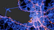 The Street Map Of Saint Petersburg (Russia) Consists Of Blue Glowing Neon Lines On A Black Background. Top View Of The City Center With The Road Network. The Border Of Water And Land.