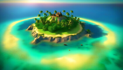Wall Mural - A small island in the middle of a clear blue ocean, with a sunken ship and treasure chest visible in the water.
