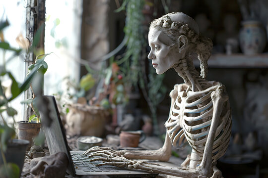 female skeleton works at a laptop in an ancient room. concept of long work in the office. harm from sedentary work. work experience