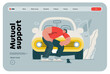 Mutual Support: Adopting a stray animal -modern flat vector concept illustration of man stopping his car for a kitten on the road A metaphor of voluntary, collaborative exchanges of resource, services