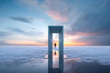 Wall Mural - silhouette of a man in an open door in nature. the concept of going through a portal to another world. fantasy of transformation of another dimension of the universe