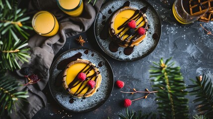  two cheesecakes with chocolate sauce and raspberries on a plate next to a glass of orange juice.