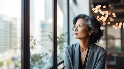 mature optimistic asian businesswoman woman female executive CEO in corporate modern office thinking contemplating and looking out window skyscraper cityscape daytime with room for text