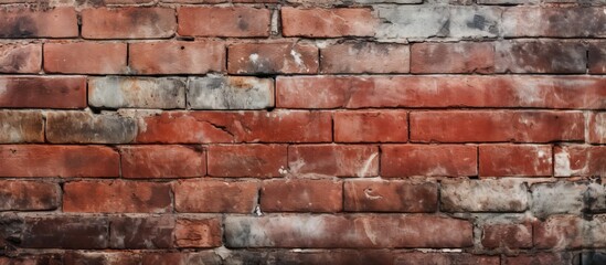 Poster - Detailed closeup of a red brick wall showcasing the intricate brickwork and texture of the building material. The rectangular bricks create a striking facade against the green grass background