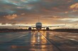 A jetliner with landing gear down preparing for takeoff at sunset or dawn on a runway. Concept Aircraft, Jetliner, Runway, Sunset, Dawn
