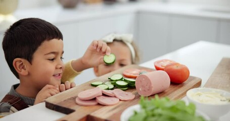 Sticker - Siblings, eating and happy face for healthy food in kitchen, vegetables and breakfast for health or development. Boy, girl or portrait by choice of cucumber or tomato and nutrition with love in home