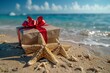A charming gift box adorned with a red ribbon and a starfish set against the picturesque backdrop of the azure sky, sandy beach, and tranquil oceanic landscape