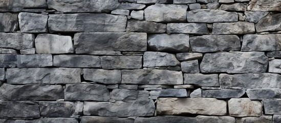 Poster - A detailed closeup of a stone wall featuring a variety of rectangular bricks forming a beautiful pattern in the building material