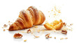 Fresh croissant and almond flakes on white background, closeup