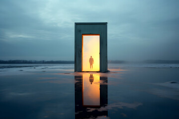 Wall Mural - silhouette of a man in a doorway in nature. the concept of going through a portal to another world. fantasy of transformation of another dimension of the universe