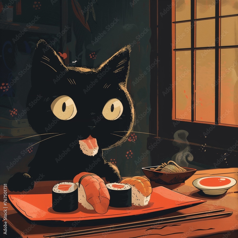 Cute black cat eating sushi and maki roll. Asian style illustration ...