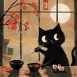 Cute black cat eating sushi and maki roll. Asian style illustration. Design poster for menu, restaurant