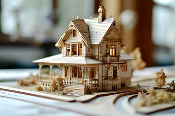 Wall Mural - wooden model of a residential building on a table with drawings. construction and architecture