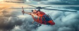 Fototapeta  - A red helicopter, a type of rotorcraft vehicle capable of air travel, is navigating through the clouds in the fluid medium of the sky, showcasing the marvel of aviation