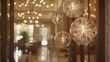 © Olga - a group of glass balls hanging from a ceiling in a room with a chandelier hanging from the ceiling.