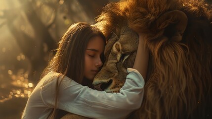 Poster - a girl hugging a big lion at sunset