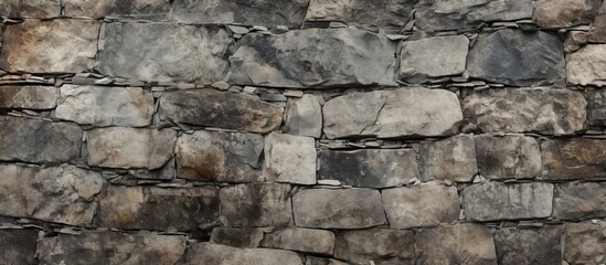 Poster - A detailed closeup of a stone wall with a multitude of grey bricks arranged in a rectangular pattern, showcasing the beauty of this composite building material