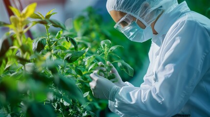 Canvas Print - Genetically modified scientists are working in vegetable greenhouse