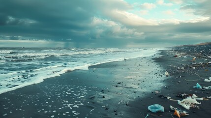 Sticker - ocean shores polluted by plastic trash. ocean pollution problem