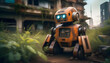 A rundown and abandoned robot in a post-apocalyptic city with plants and vines growing around it