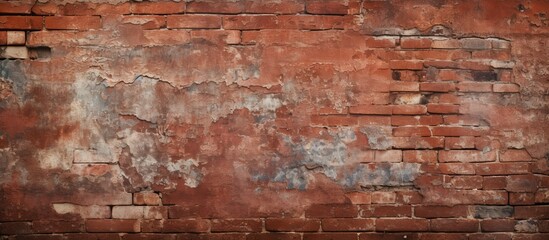 Poster - A detailed closeup of a brown brick wall with peeling paint, showcasing the intricate art and pattern of the brickwork