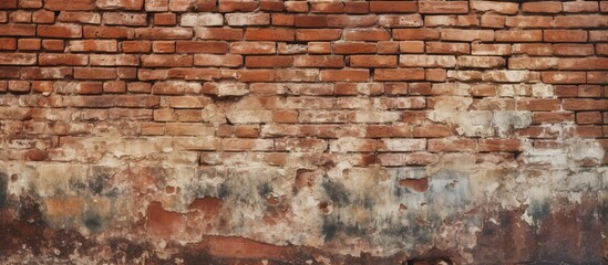 Poster - Detailed close up of a brown brick wall with peeling paint, showcasing the intricate patterns of the brickwork. The texture resembles a beautiful piece of art