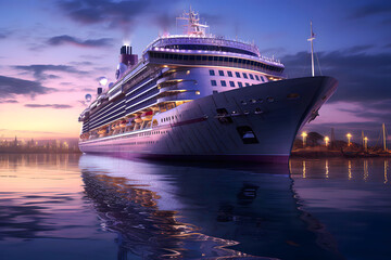 large luxury cruise ship sails along the night ocean along its route. sea ​​recreation and tourism.