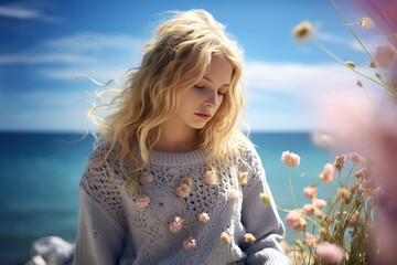 Wall Mural - portrait of a happy young woman in a warm knitted sweater. fashion and style of the young generation.