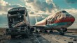 Jet collision with transport truck on highway - An intense scenario of a commercial jet collided with a transport truck against a dramatic sky, signaling urgency