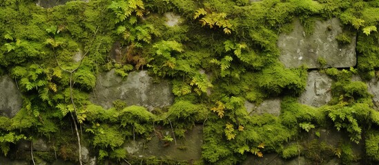 A detailed shot of a wall covered in lush green moss, showcasing the beauty of nature taking over manmade structures