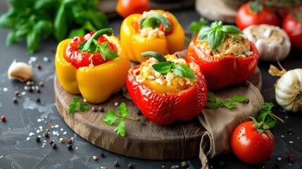 Raw vegan meal stuffed bell peppers with cashew cheese