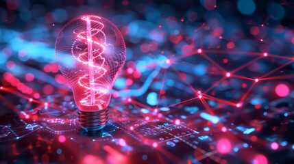 Wall Mural -  a glowing light bulb sitting on top of a computer keyboard in front of a blue, red and pink background.