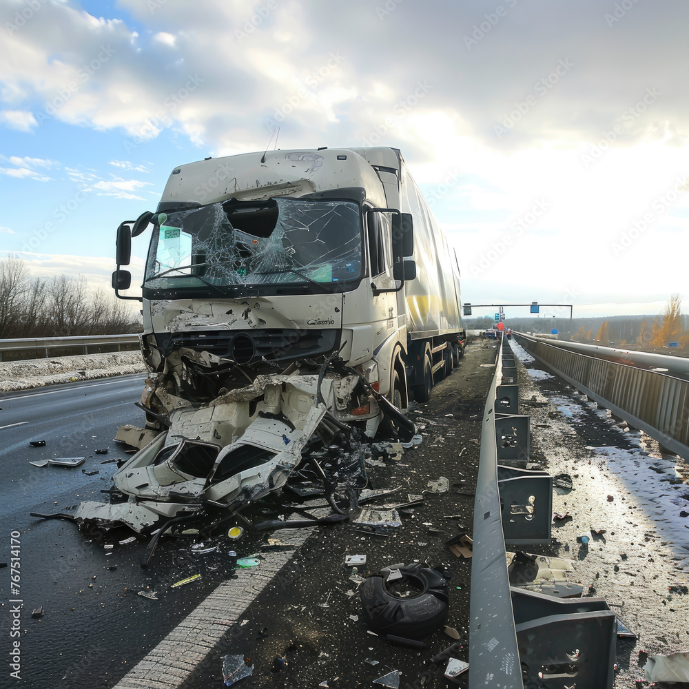 Wrecked white truck on a road after crash - A severe accident scene ...