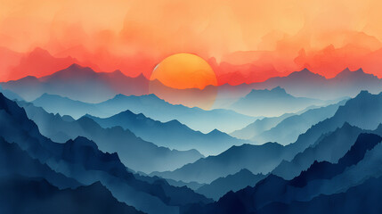 Wall Mural - Watercolor paintings of beautiful mountain landscapes bathed in the golden light of a sunrise or sunset.