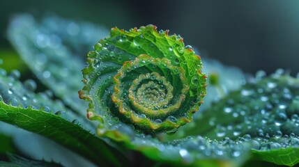 A macro shot of a plants bud showing the small tightly packed leaves emerging in a tight spiral pattern ready to unfurl.