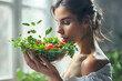 beautiful young woman eats green salad with tomatoes. beauty, health and healthy nutrition with vitamins